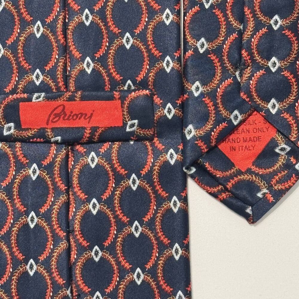 Brioni Mens Silk Tie Navy Blue Medallion Geometric Print Luxury Necktie Italy